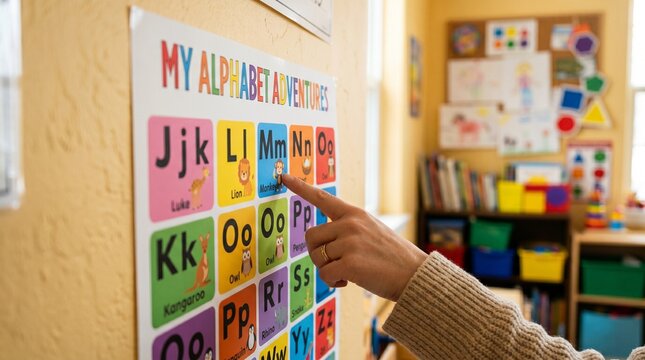 Teacher's Hand Pointing to Colorful Alphabet Chart in a Kindergarten Classroom - Early Childhood Education Concept