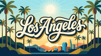 Obraz premium Los Angeles city skyline illustration with palms and sun