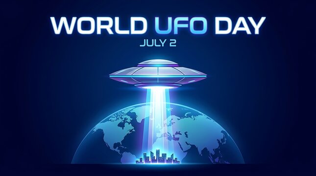 World UFO Day July 2 Illustration with Earth and Spaceship Beam.