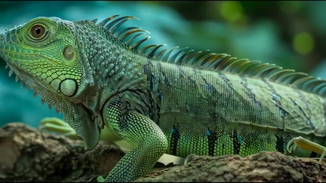 Green iguana with detailed scales rests on a tree branch