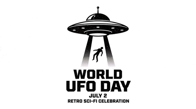 World UFO Day Retro Sci-Fi Celebration with Alien Abduction Illustration.