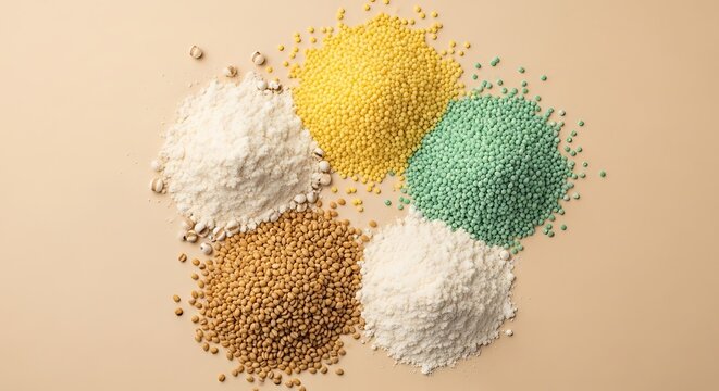 Piles of foxtail millet, green grains, and white flour on beige background