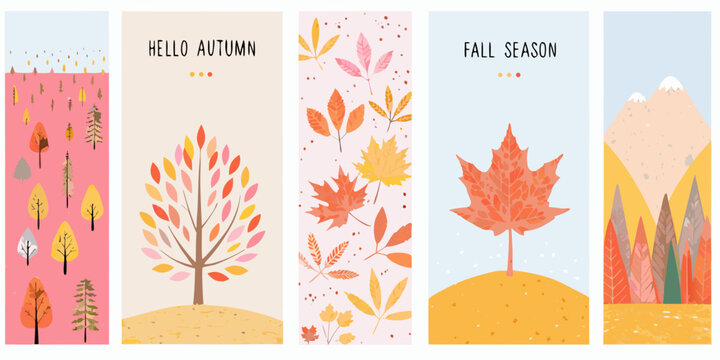 Autumn foliage and tree vector illustrations with warm color palettes and scenic backgrounds fall