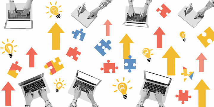 Laptop computers puzzle pieces light bulbs and arrows in a colorful vector illustration arrow