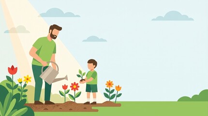 Fototapeta premium Father and child planting flowers together in sunny garden with blooming tulips