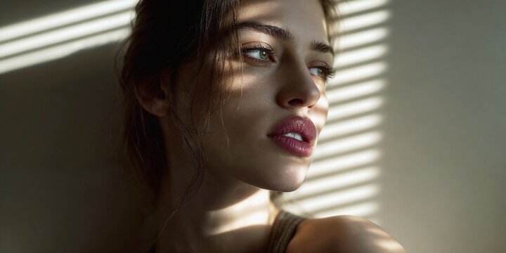 Close up portrait of a beautiful young woman with green eyes posing gracefully under soft window blinds light, sunlight casting sharp linear shadows across her smooth natural skin tone