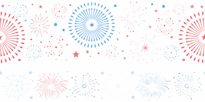 Fireworks display pattern with red and blue starbursts against a white background celebratory design