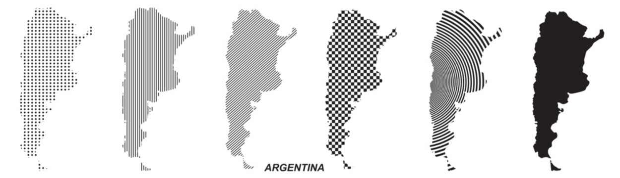 Argentina map silhouette vector, argentina isolated country outline graphic set, 6 black design templates with dots stripes and checkered patterns, geometric abstract digital layout element