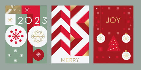 Festive new year greeting card set with geometric patterns and seasonal decorations vector illustration © Ranajit
