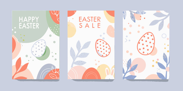 Set of three easter posters with floral ornaments and speckled egg illustrations in a pastel color scheme