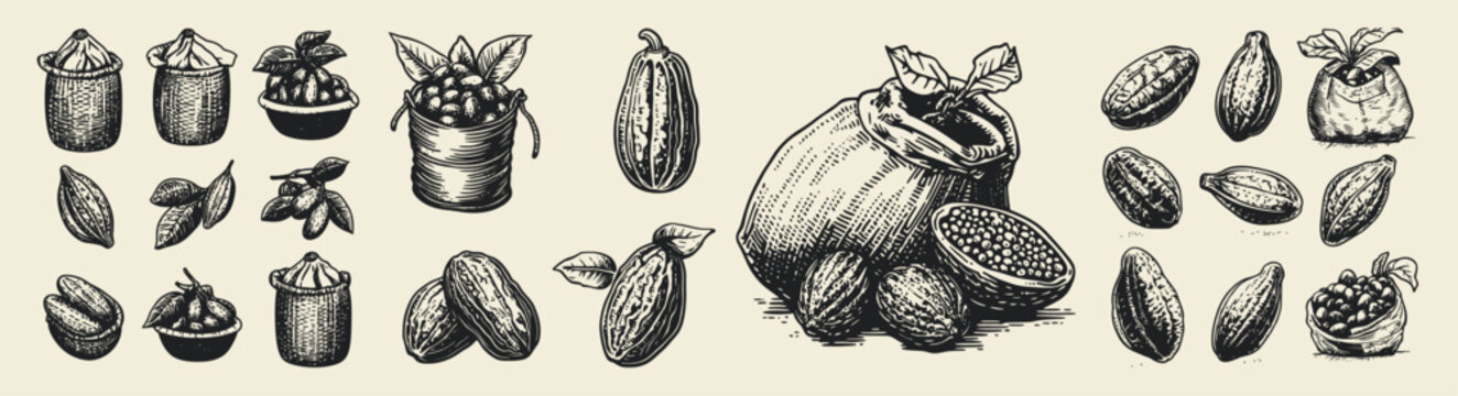 An artistic representation of cocoa beans and pods, illustrating the process of harvesting and storing. Various bags and containers filled with cocoa emphasize the theme of organic agriculture, reflec