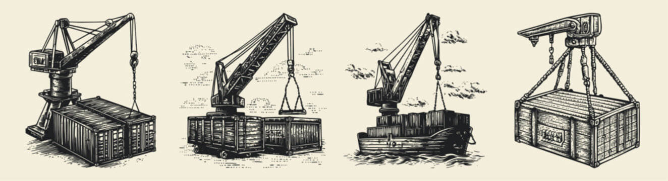 This vintage illustration showcases various cranes used for loading and unloading shipping containers. The artwork depicts different crane styles in action, emphasizing their integral role in the mari