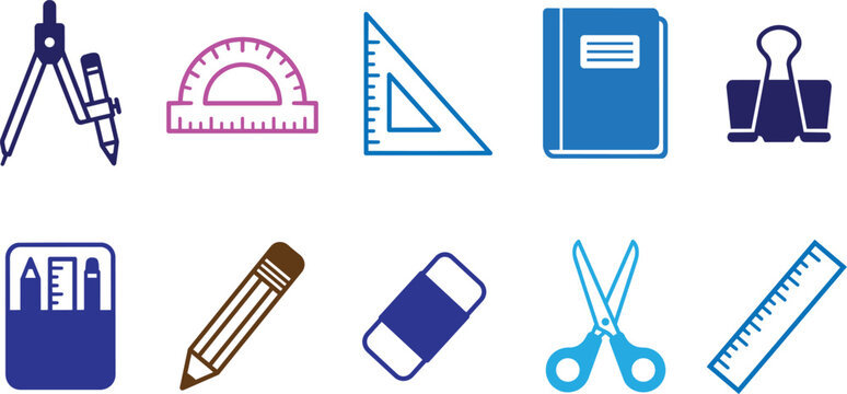 Set of school and office stationery supplies icons with stationery supplies education scissors learning drafting geometry protractor notebook classroom academic stationary