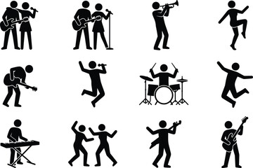 Music Band Performance Silhouettes Set with Singers Musicians Dancers and Instruments Isolated Vector Collection © MdShah