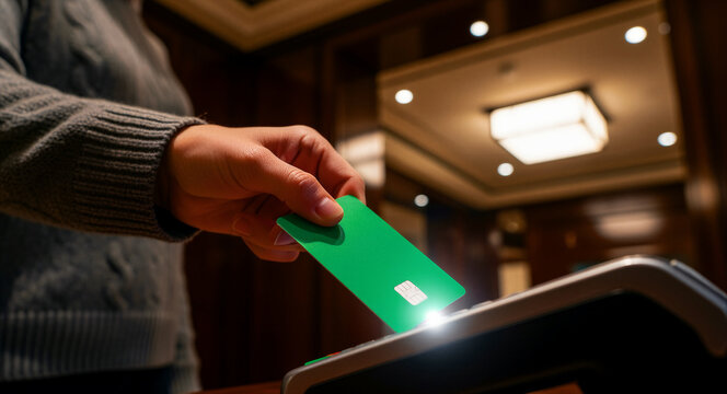 Person using a green credit card to make a payment at a terminal. Close-up of hand inserting a smart card into a digital reader in a luxury hotel lobby. Secure electronic transaction concept.
