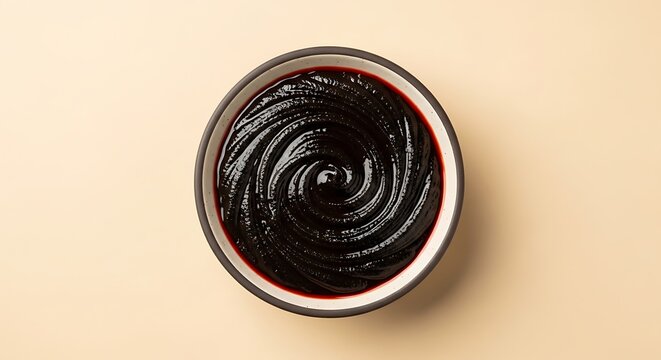 Black tahini paste swirl in a small ceramic bowl, view