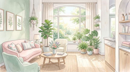 Fototapeta premium 観葉植物と快適なソファを配置した美容サロン待合室のイラストです。 柔らかな自然光とパステルカラーが上品な雰囲気を演出しています。