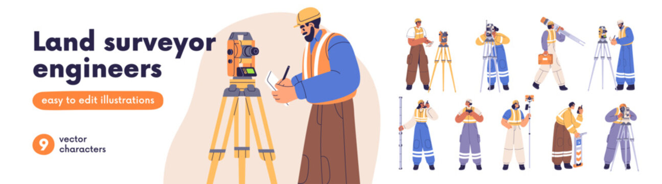 Surveyor engineers working with topographic survey tools set. Geodesy workers with geodetic surveying equipment, measurement devices, theodolite. Flat vector illustration isolated on white background