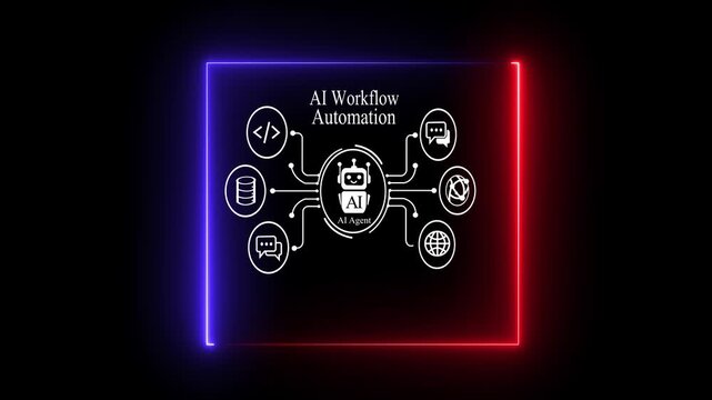 Person interacting with an AI workflow automation diagram on a tablet, featuring an AI agent, data processing, and connection icons, representing smart process black background.
