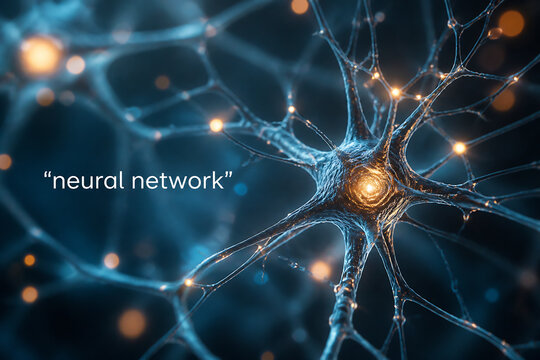 A detailed, glowing visualization of a biological neuron representing a neural network in a dark, abstract setting.