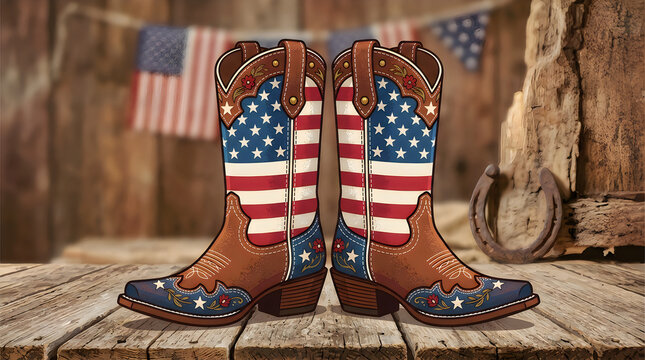 Pair of cowboy boots with american flag design on wooden floor