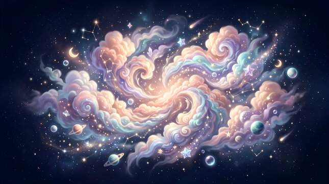 Colorful pixel art galaxy with swirling clouds stars and planets in deep space