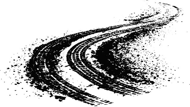 Black and White Tire Track Texture Pack with Skid Marks Racing Tread Patterns Grunge Ink Splatters and Automotive Vector Design Elements.