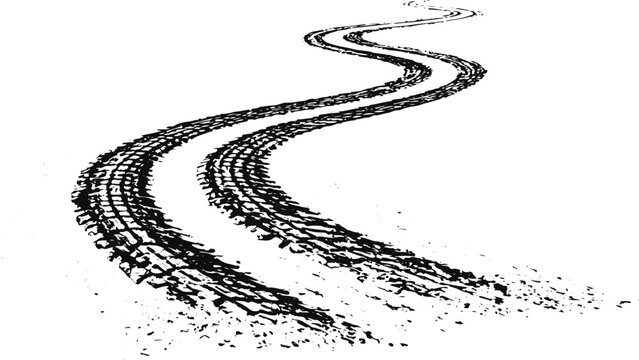 Black and White Tire Track Texture Pack with Skid Marks Racing Tread Patterns Grunge Ink Splatters and Automotive Vector Design Elements.