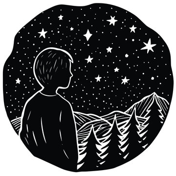 Starry Night Wonder: A silhouetted figure gazes up at a celestial expanse of twinkling stars, set against a backdrop of majestic mountains and silvan trees.