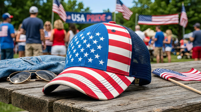 American flag baseball cap on a wooden table at a park