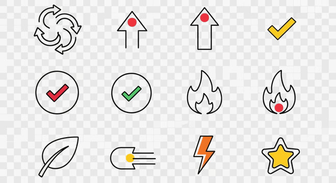 Collection of simple flat icons including arrows checkmarks fire and nature symbols