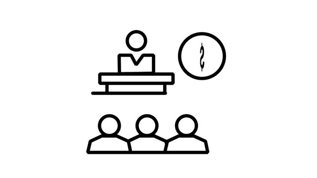 Conference Revenue Presentation Speaker Animated Icon. Animated line icon showing a presenter at a podium addressing an audience next to a dollar coin financial symbol.