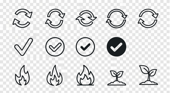 Collection of black and white line icons representing refresh check fire and plant symbols
