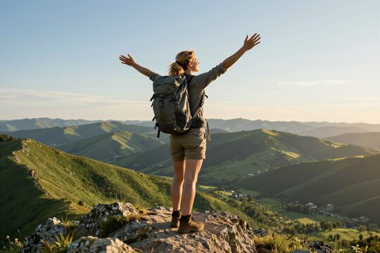 Captures Moment Of Triumph For Individual Standing Atop Rocky Outcrop With Arms Wide Open Against Backdrop Rolling Green Hills Bathed In Golden