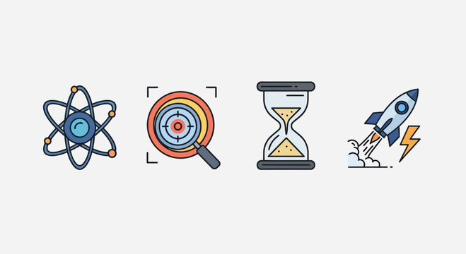 Flat design icons representing science research focus time and innovation