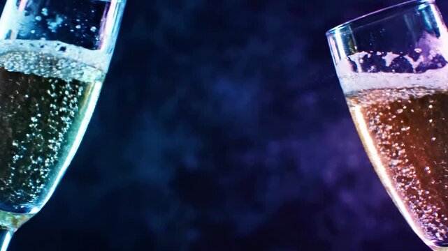 Two elegant glasses filled with bubbly champagne on a dark background