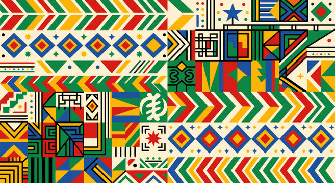 Vibrant Kente Inspired Juneteenth Background Featuring Traditional African Geometric Patterns and Cultural Symbolic Motifs for Celebration
