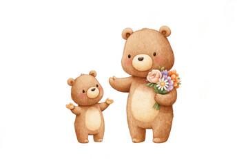 Fototapeta premium Cute watercolor illustration of parent bear and baby bear holding colorful bouquet of spring flowers