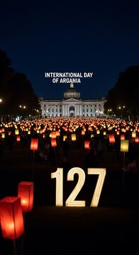 International Day of Argania celebration with illuminated lanterns in front of a grand building.