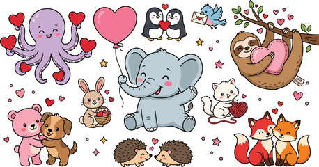 Fototapeta premium Vector cartoon collection of cute Valentines Day animal characters featuring elephant with balloon octopus sloth fox couple penguins bear and dog sharing love hearts stickers