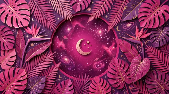Vibrant Pink Leaves Night Sky Background.