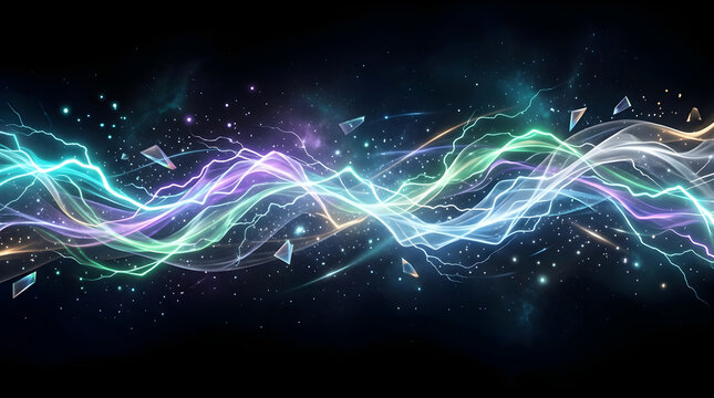 Abstract bright glowing lightning electric energy waves with sparks and particles on black background