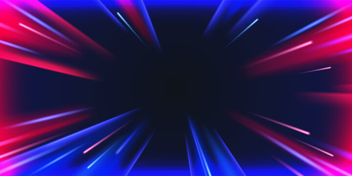 Dynamic light motion with zoom effect, high speed trails, radial red blue lines, abstract vector perspective background. Blurred neon rays, glowing beams on black backdrop, burst flash, comic action