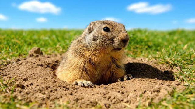 A groundhog exposed in the grass, the moment the groundhog emerges and probes