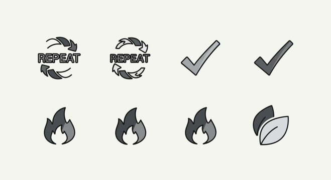 Hand drawn flame and checkmark icon set with textual and abstract variations