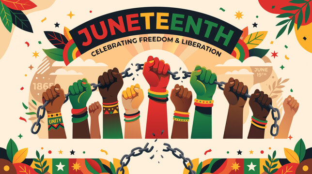 Juneteenth Freedom Celebration Vector Illustration Featuring Raised Fists Breaking Chains on a Decorative Floral Background