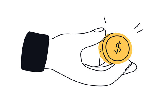 Hand holding dollar coin. Giving, receiving, spending money. Cash payment, donation, tip, change. Paying with finance. Bonus, charity concept. Flat vector illustration isolated on white background
