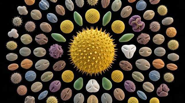 Microscopic view of diverse plant pollen grains, colored scanning electron microscope SEM illustration