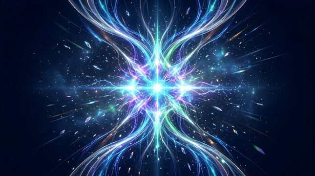 Abstract cosmic energy explosion with glowing blue and green light rays on a dark background