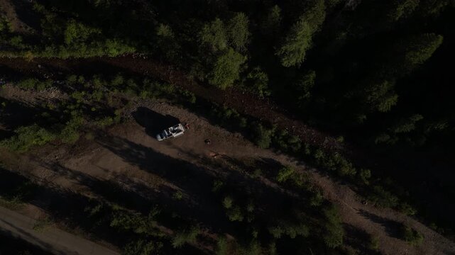 Aerial of RV camped in Coeur Dalene forest in Shoshone County Idaho in spring